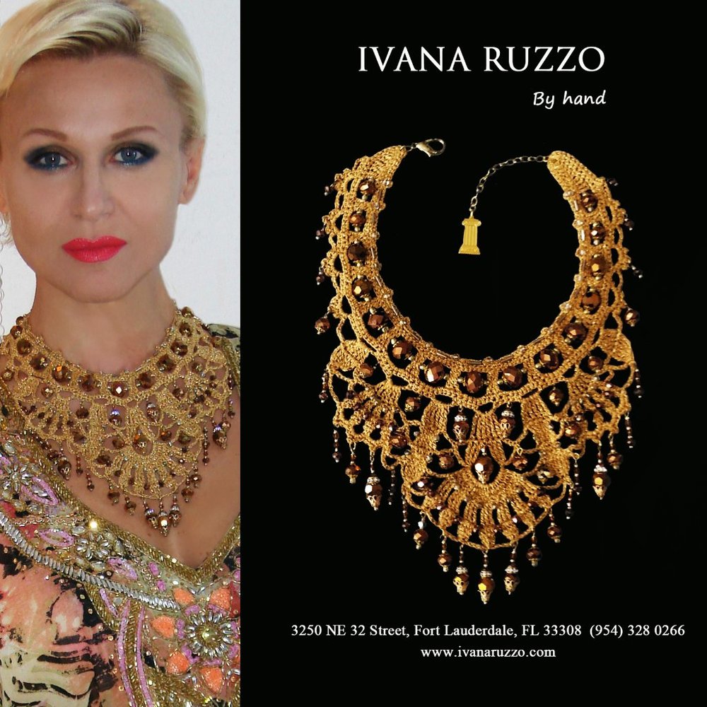 Authentic Designer Jewelry  Crystals Crochet 100/Cotton Lace Gold  Necklace